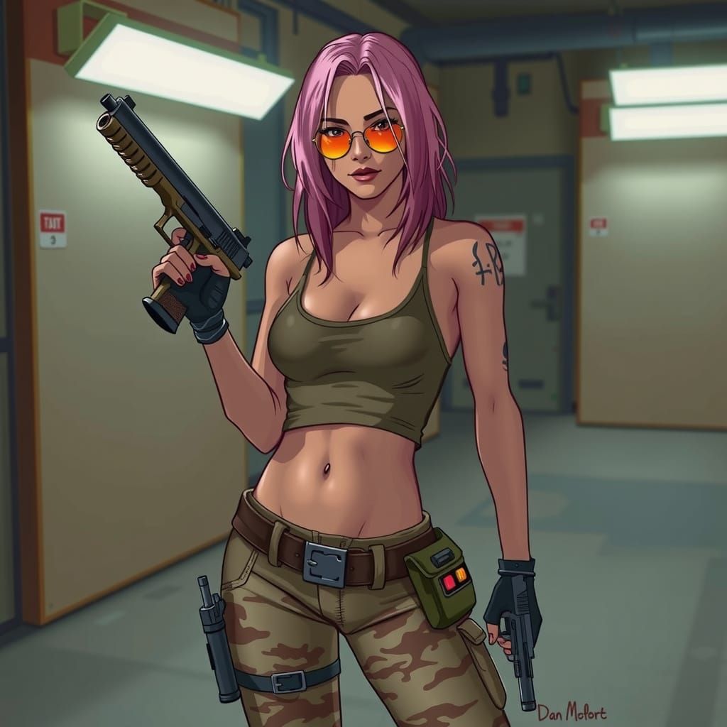 Camo Lara Croft with Pistols, Comic Book Art