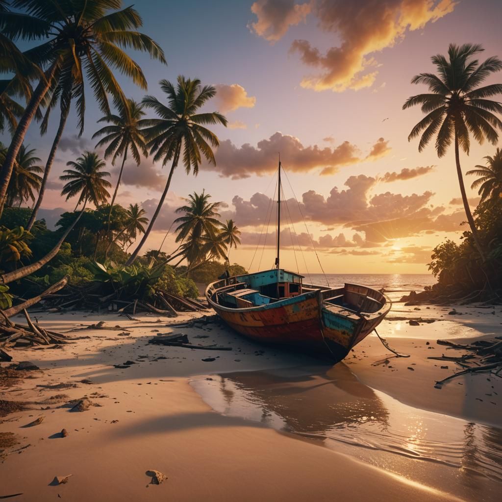 Abandoned Boat at Sunset: Fauvist Digital Painting