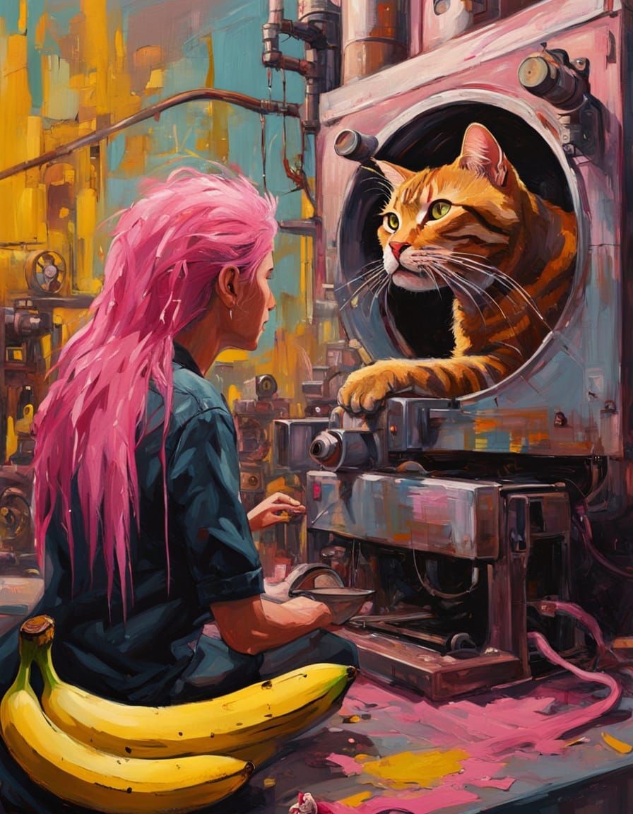 Industrial Surrealism: Tabby Cat and Banana Machine