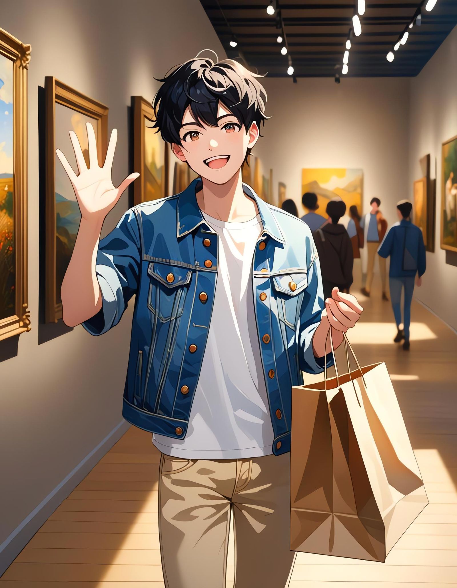 Teenager Waving in Art Gallery with Paintings
