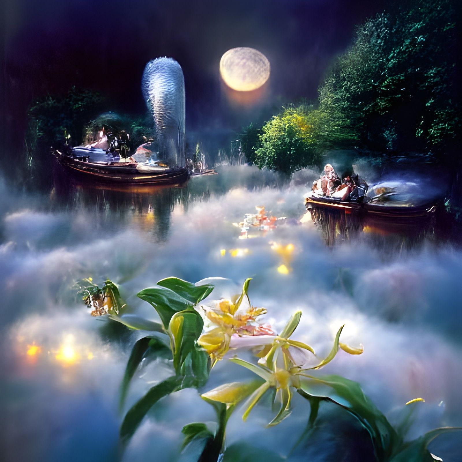 Boating Under the Moon: Ethereal Fantasy Landscape