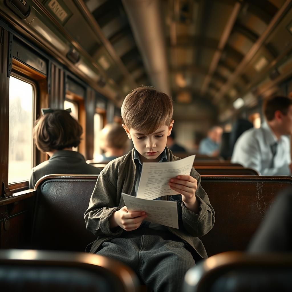 Sorrowful Boy Reads Letter on Train: Nostalgic Photo