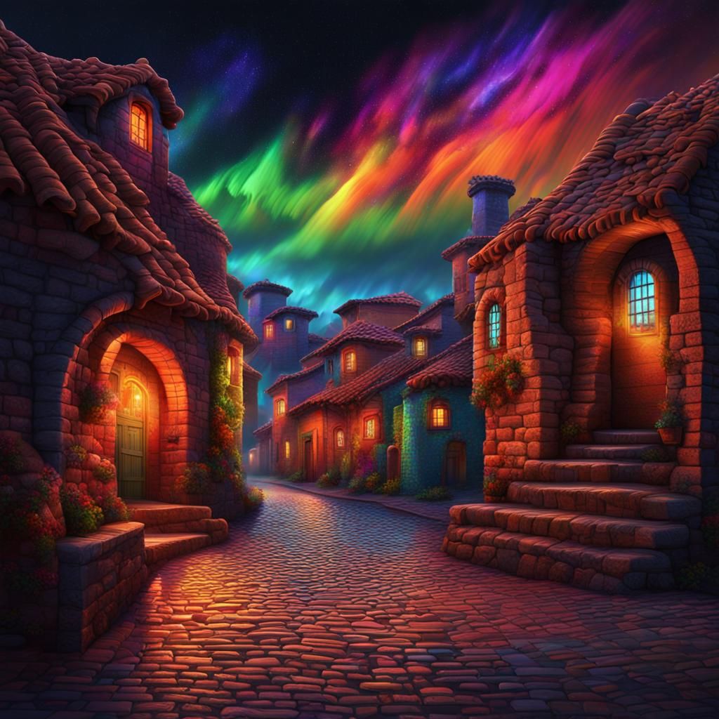 Neon Aurora Over Ancient City Street
