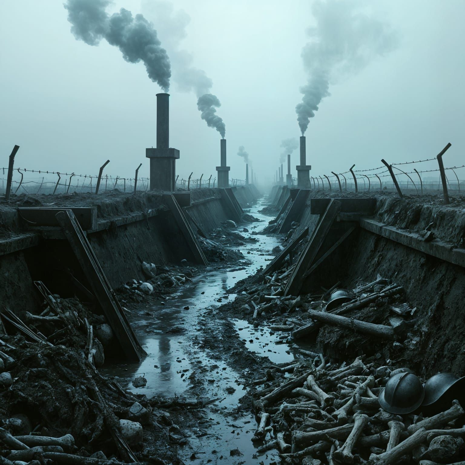 Surreal War Trenches Amidst a Foggy, Post-Apocalyptic Landsc...