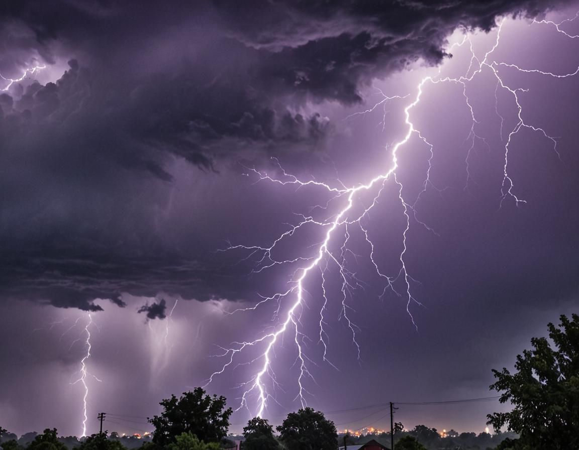 Hyperrealistic Rain and Lightning Storm Over Town