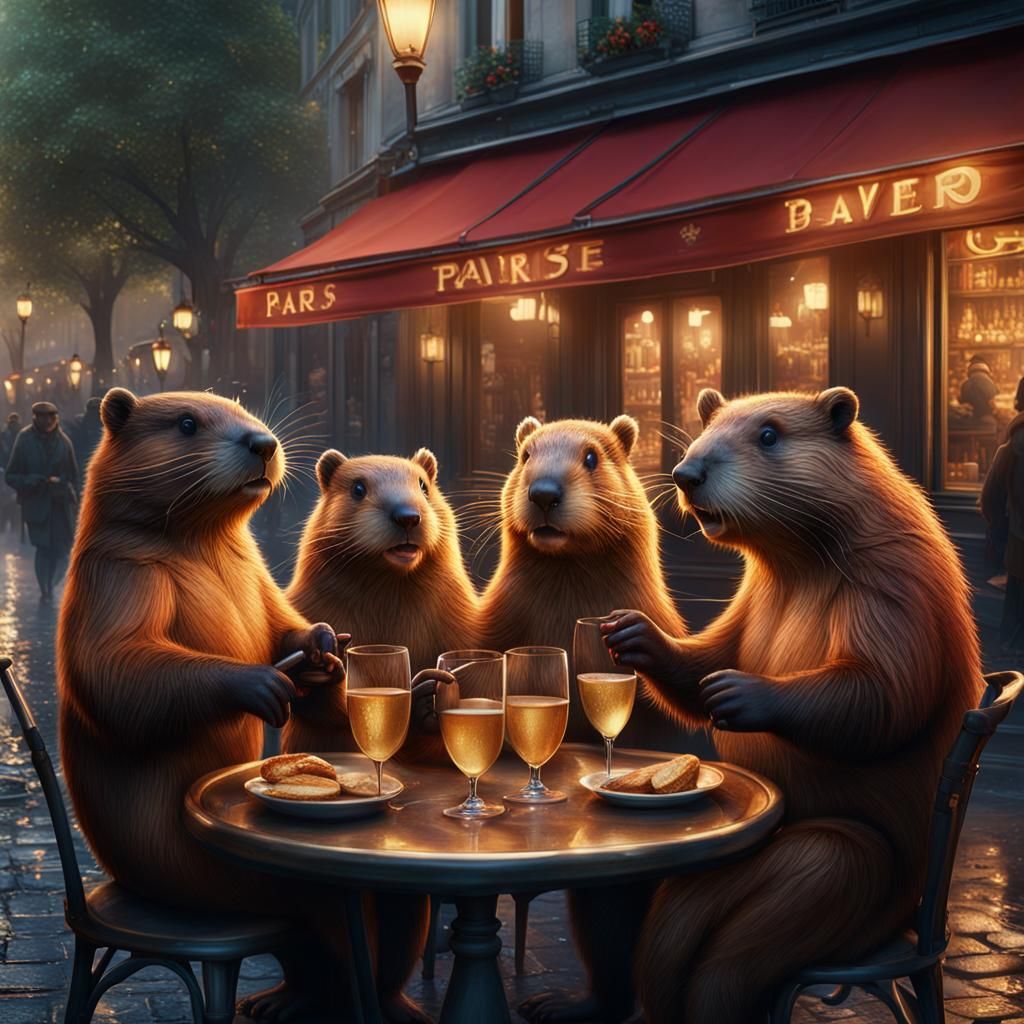 Beavers Celebrate in Paris: Detailed Fantasy Art