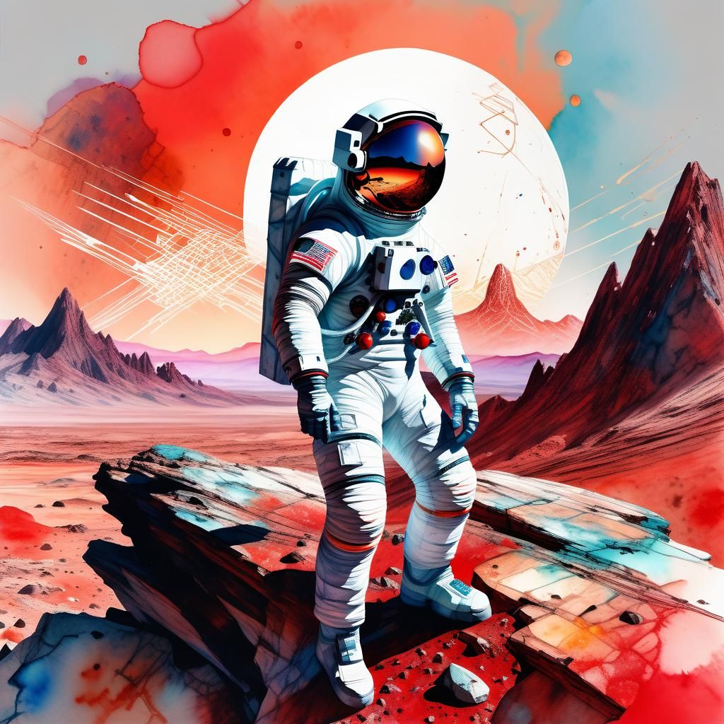 Astronaut Woman on Mars in Watercolor Style
