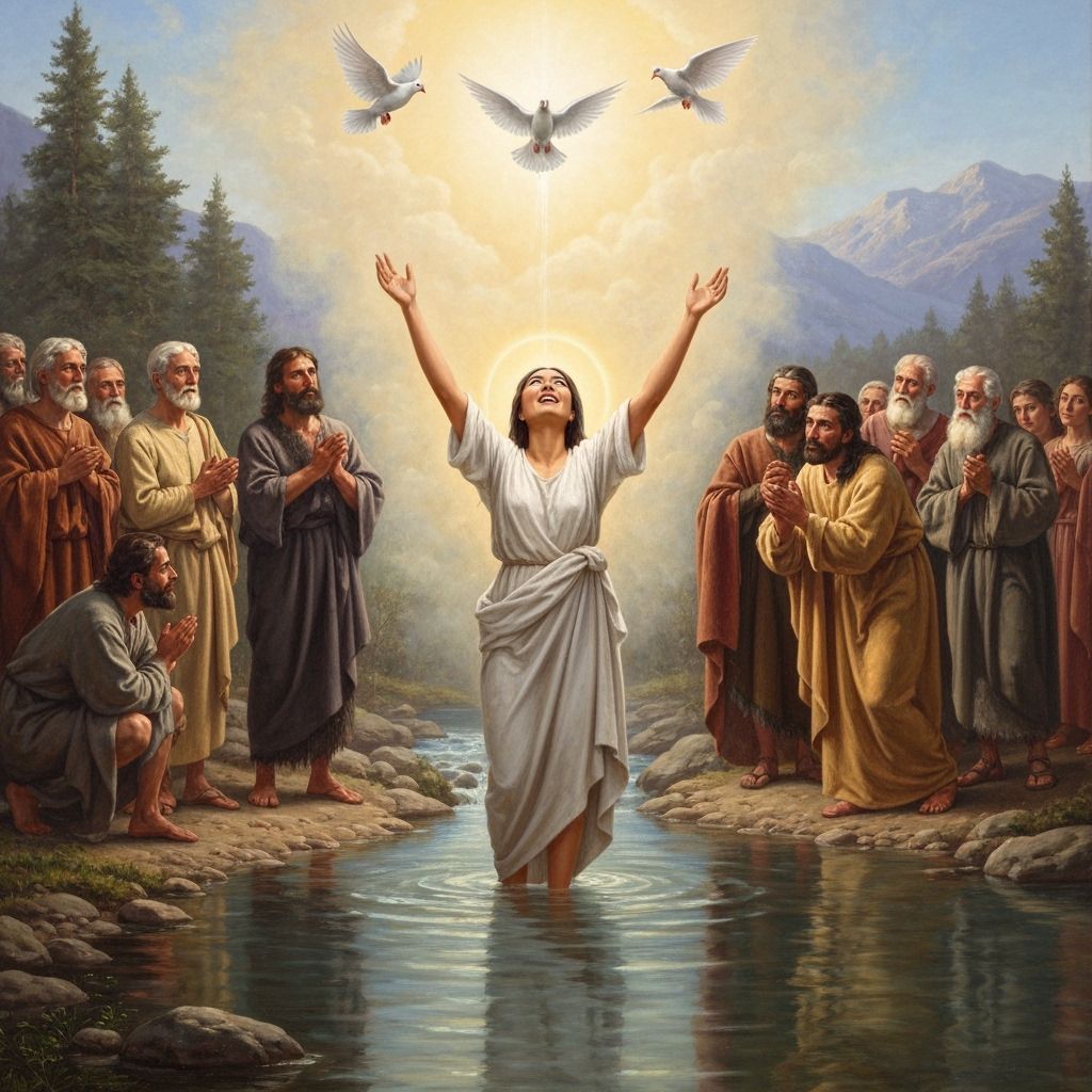 Asian Woman's Baptism in Mountain River, Classical Painting