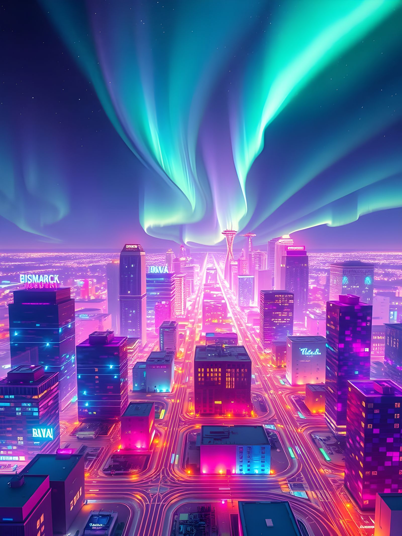 Glowing Bismarck ND Illuminated by Vibrant Aurora