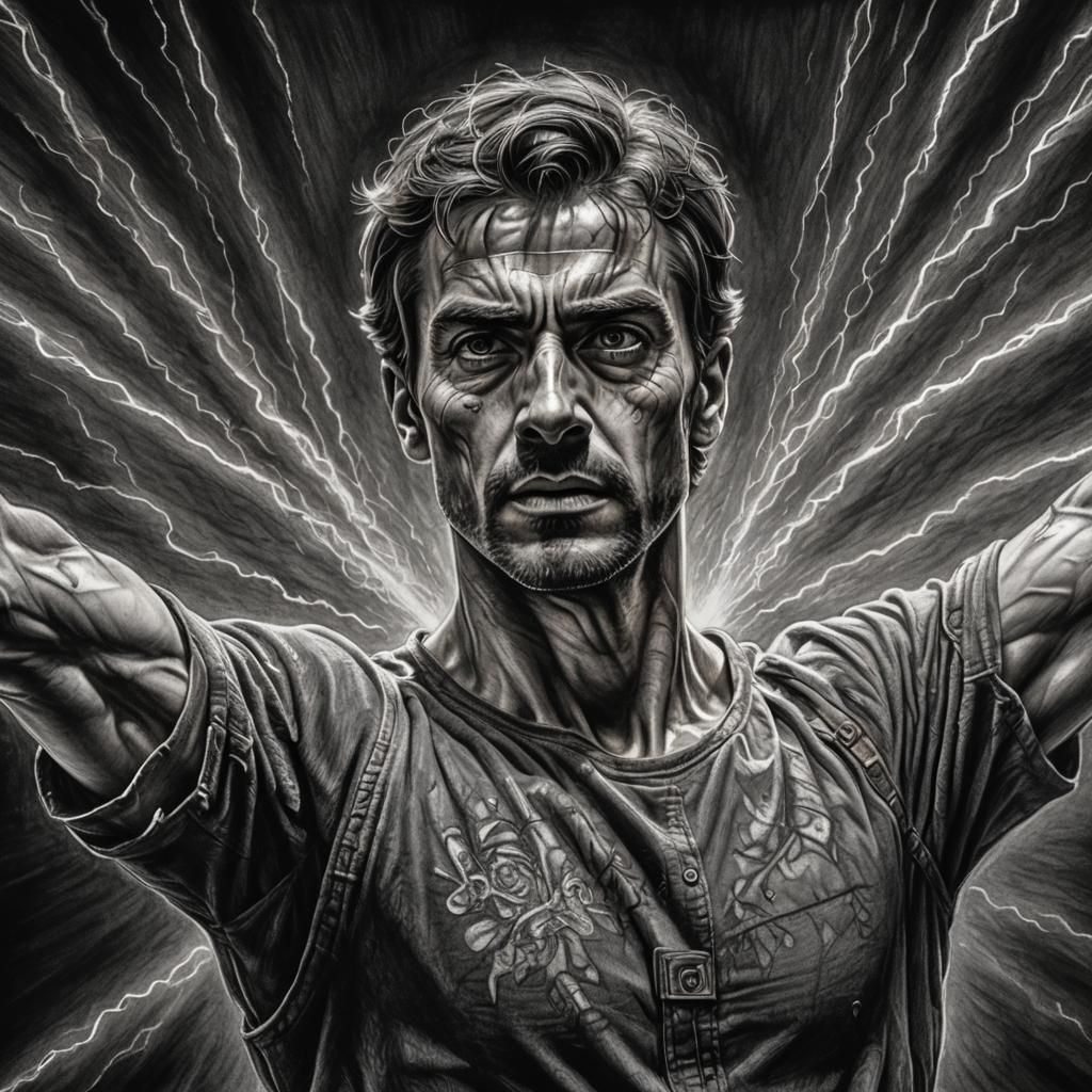 Hyperdetailed Charcoal Drawing: Man with Laser Eyes