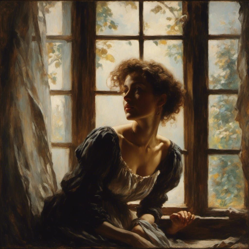 Woman Gazing Out Window in Clair Obscur Style
