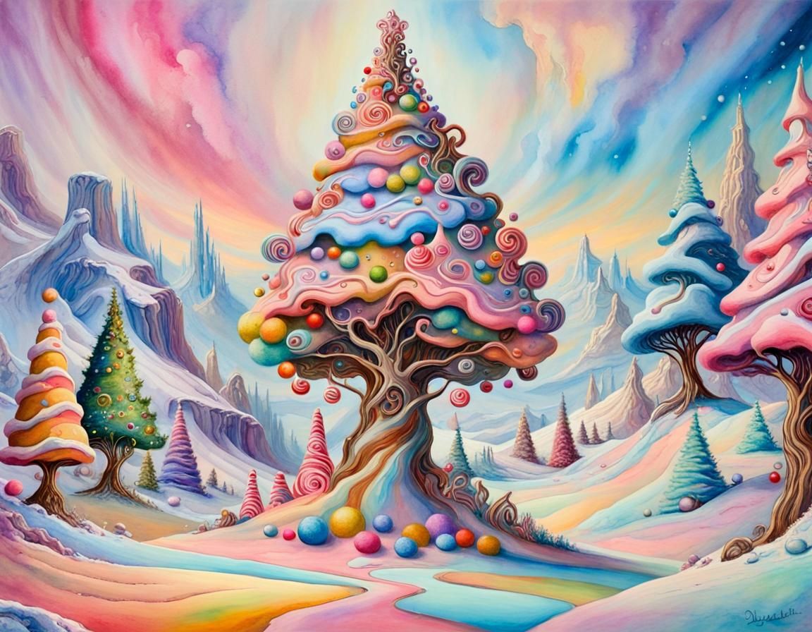 Fantasy Candyland Christmas Tree in Watercolor Style