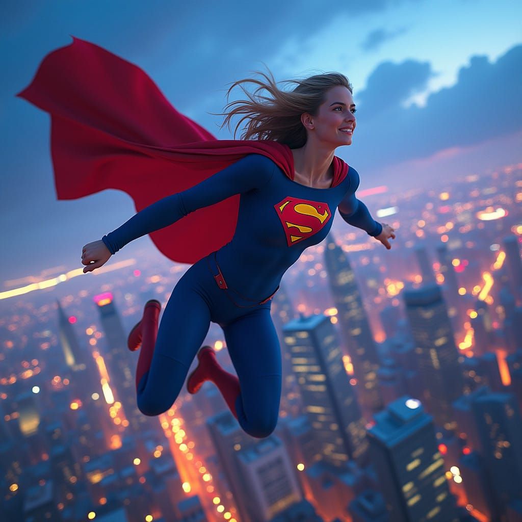 Supergirl in Futuristic Skintight Suit Soars over Neon Metro...