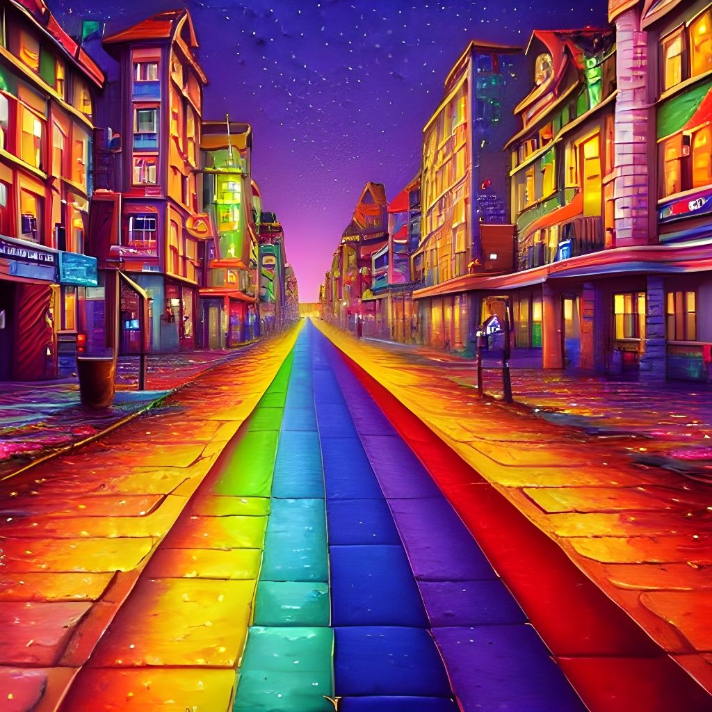 Rainbow City Street in Kinetic Pointillism Style