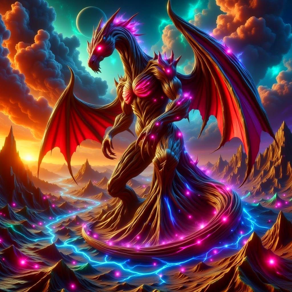 Majestic Dragon Silhouette Blends with Fiery Cosmic Landscap...