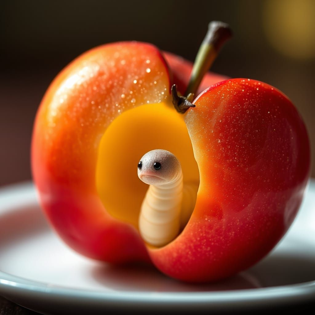 A sad worm inside a red apple