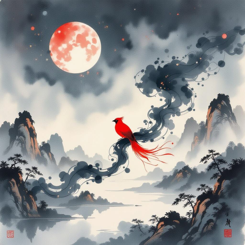 Red Bird Dissolving into Celestial Ink Patterns