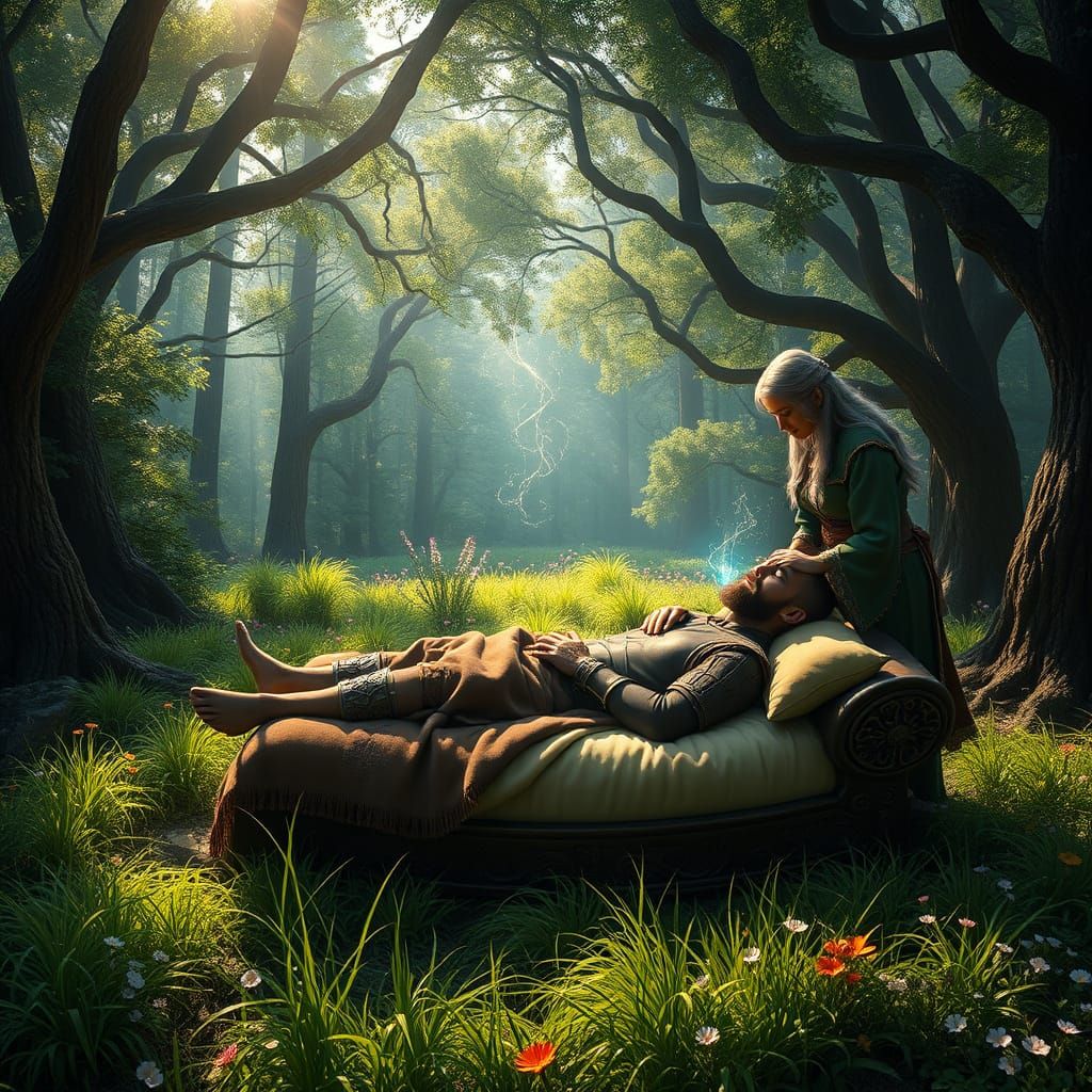 Surreal Scene of a Warrior in a Mystical Clearing, Bathed in...