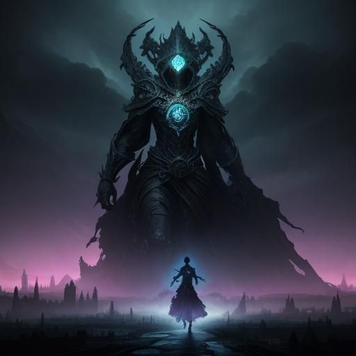 Mysterious Being Over Ruined Cityscape in Art Nouveau Style