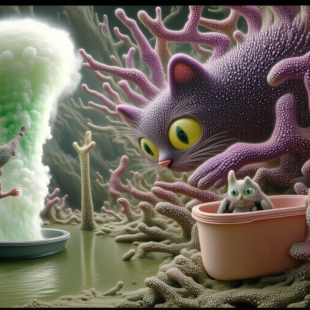 Purple Cat with Nine Tails by Pond in Surreal Style