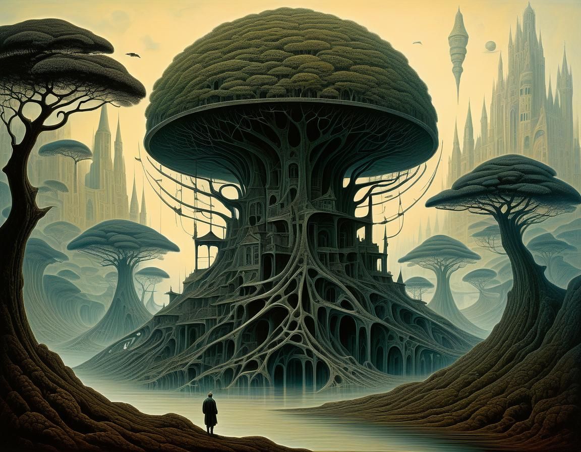 Surreal Tree Structure with Architectural Elements