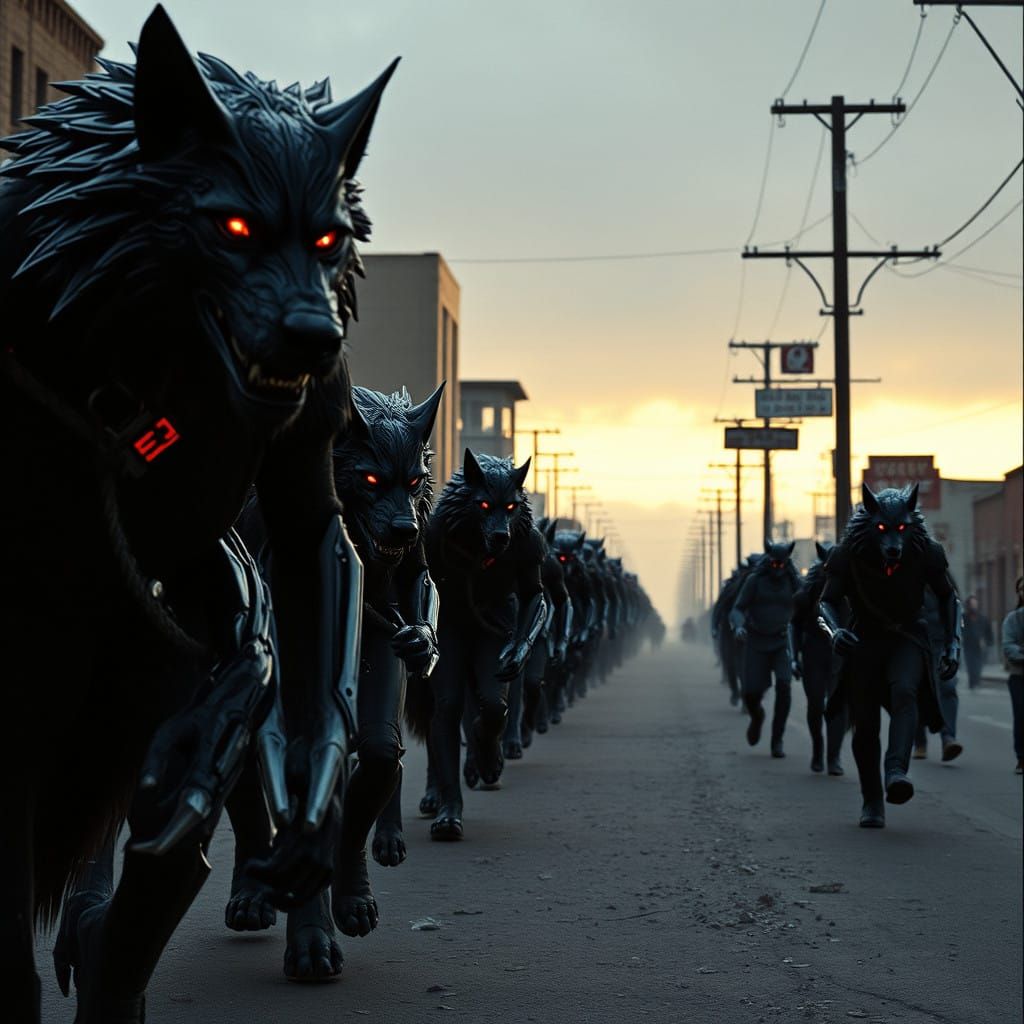 Cyberpunk Werewolves March through Desolate Townscape
