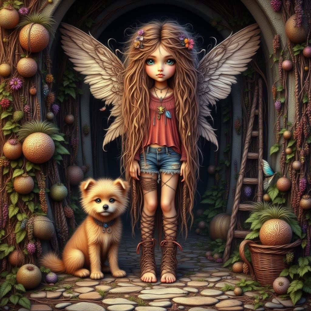 Whimsical Fairy and Dog in Detailed Digital Painting