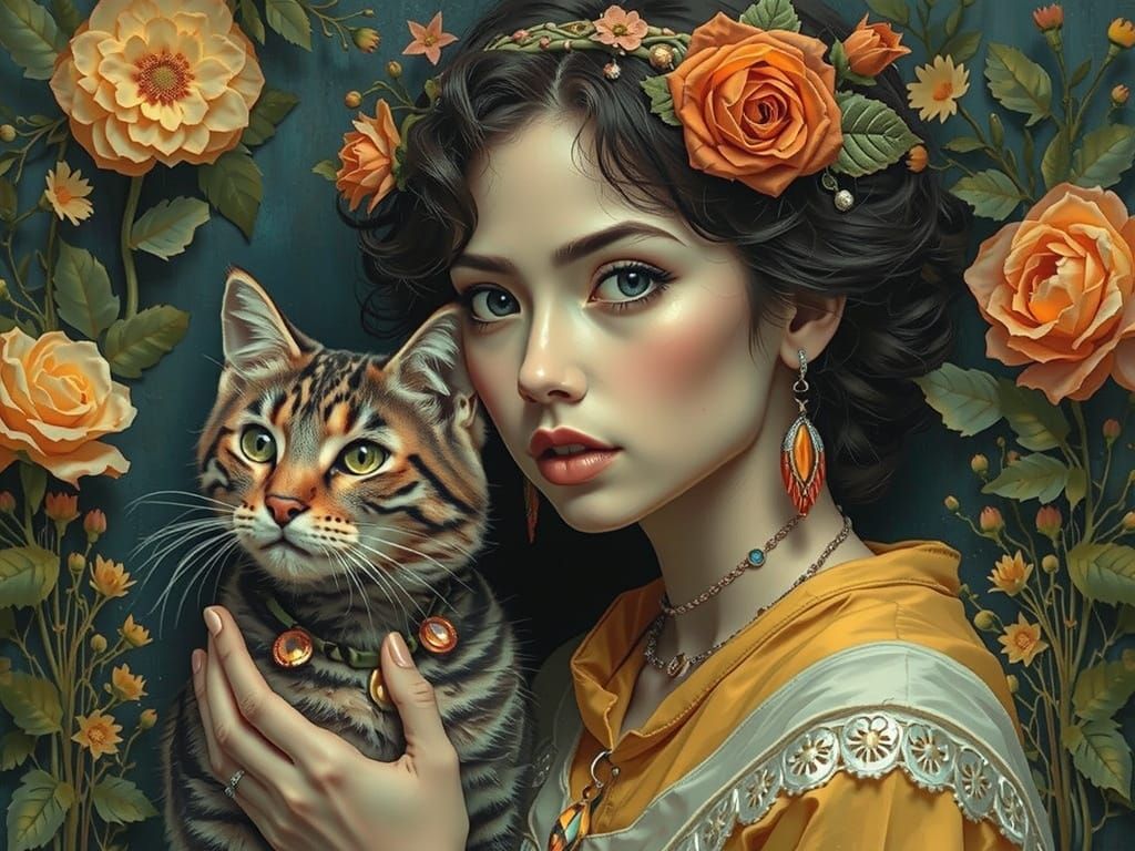 Girl with Cat in Jungle as Tempera Art