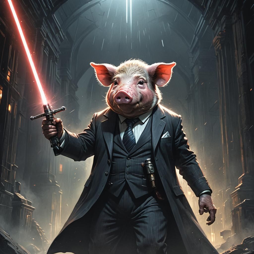 Pig in Suit with Lightsaber: Dark Fantasy Art