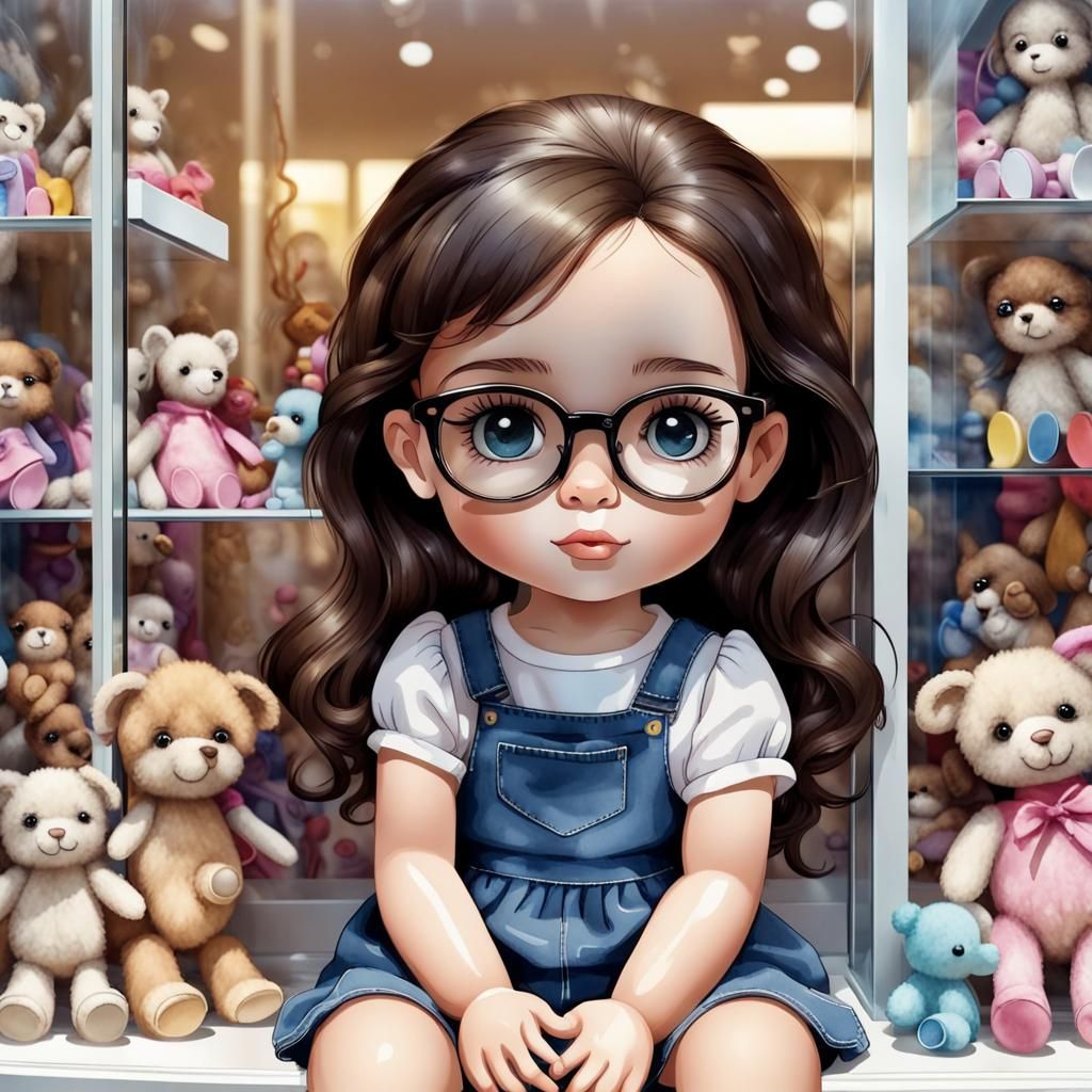 Cute Brunette Doll in Watercolor Display Window