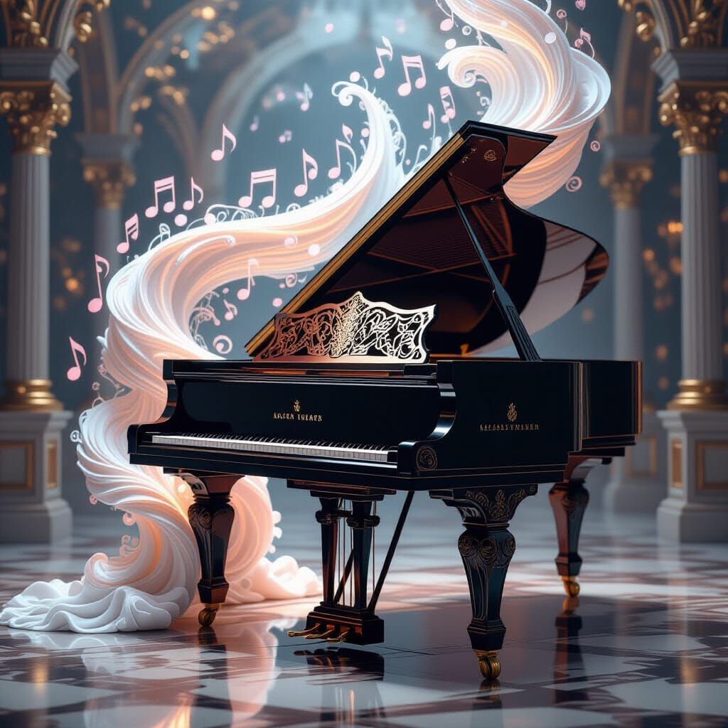 Ornate Grand Piano with Ethereal Musical Notes