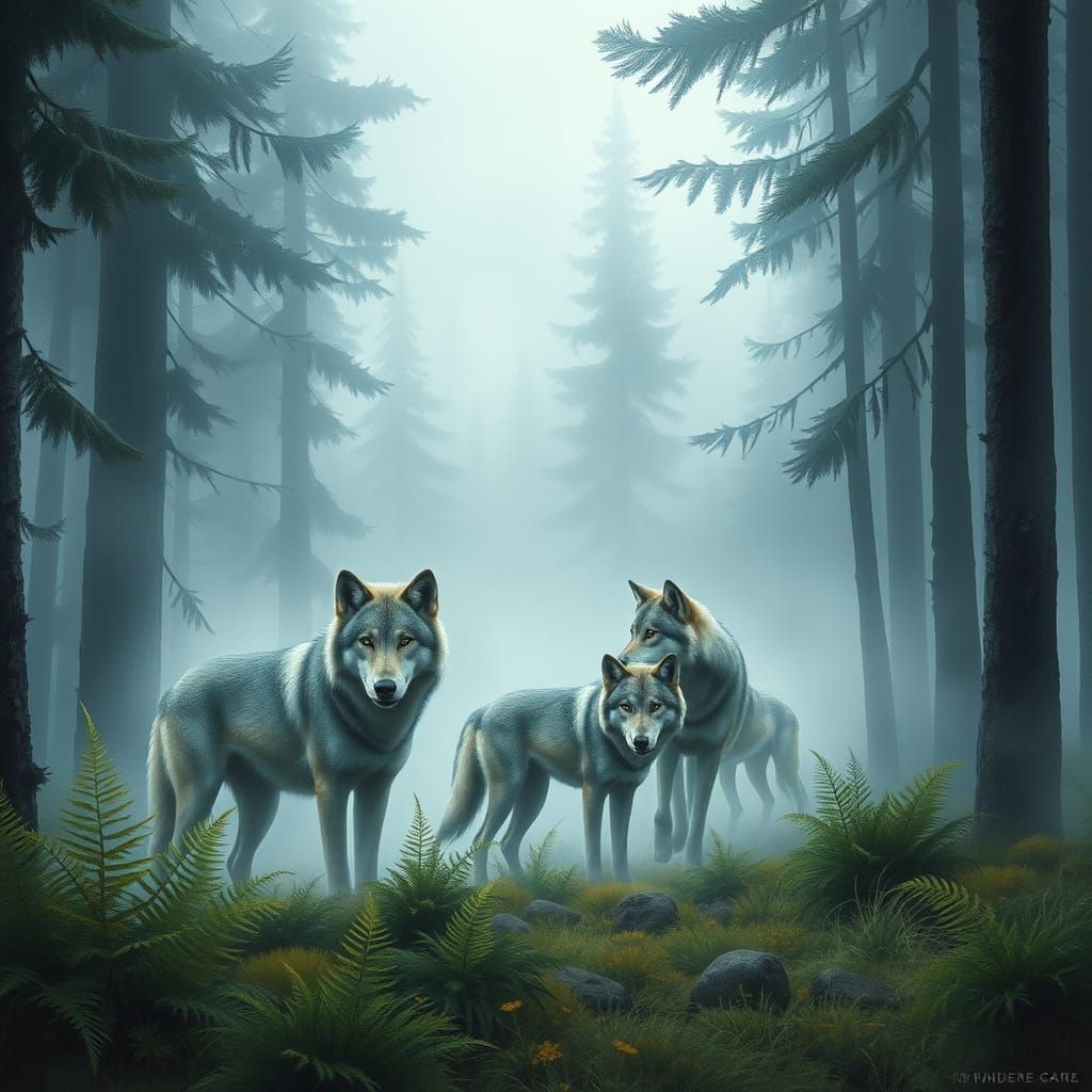Wolves in Misty Forest Landscape, Art Nouveau Style