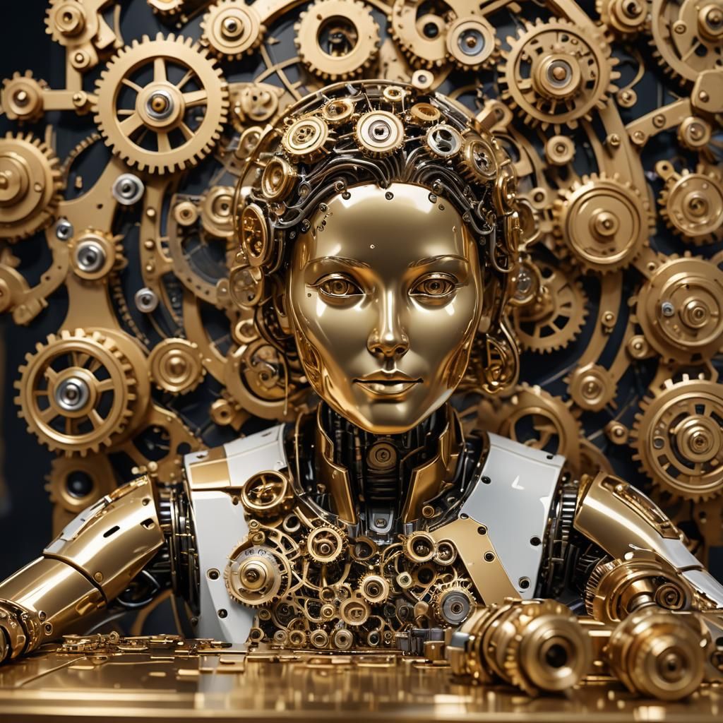 an automation comprised of gears and metal panels in gold, w...