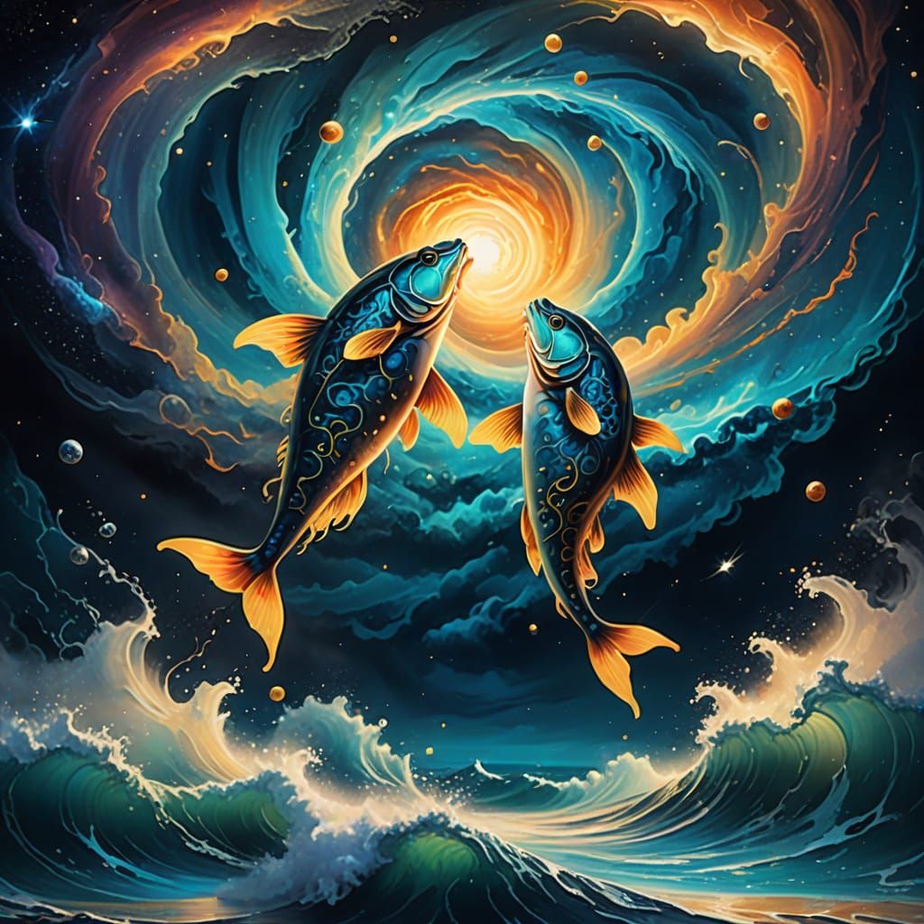 Cosmic Double Exposure of Leaping Fish in Ethereal Vortex