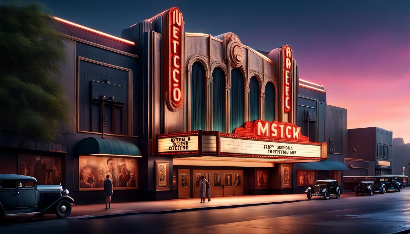 Art Deco Movie Theater at Twilight: Digital Art