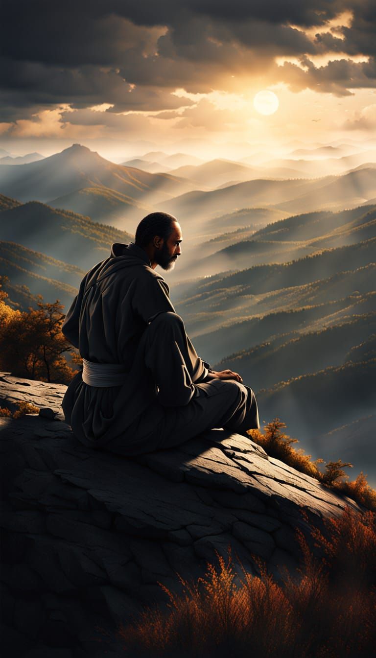 Karate Master Meditates Atop Windswept Peak