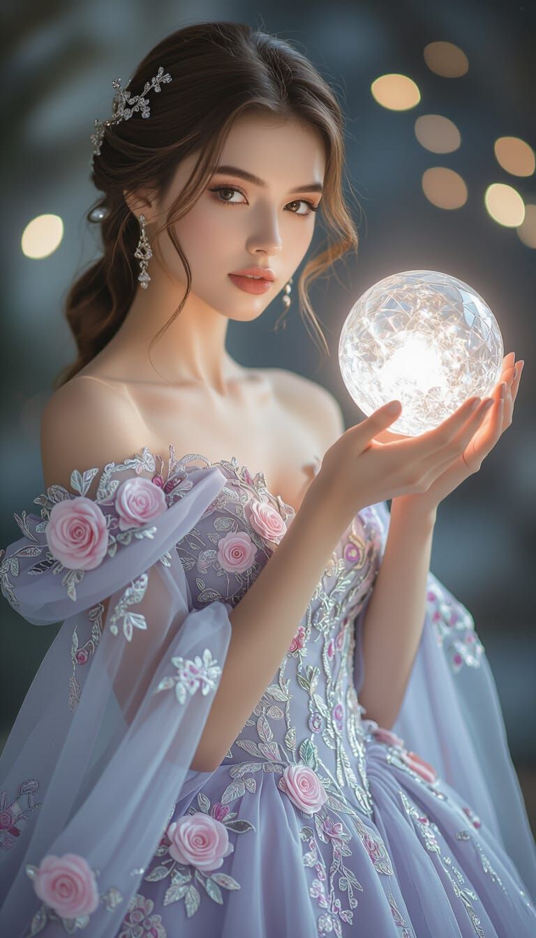 Elegant Woman with Crystal Orb in Fantasy Setting