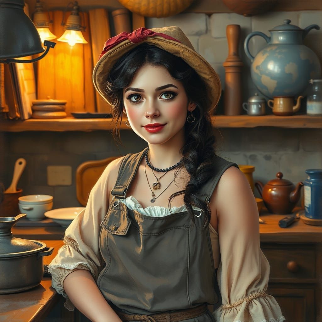 Belle in Rustic Kitchen: Gouache and Watercolor Charcoal Dra...