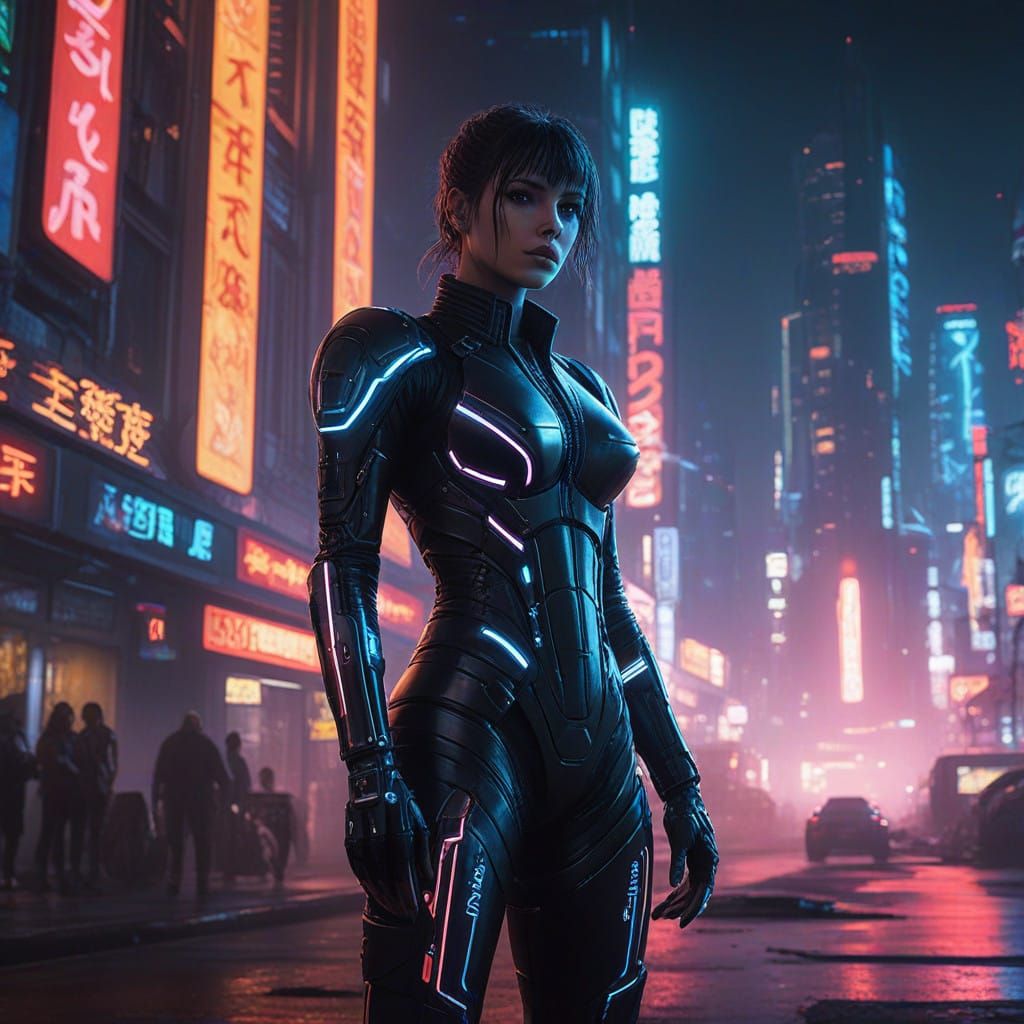 Cyberpunk Goddess in Neon-Lit Exosuit, Cyberpunk 2099 Blade...