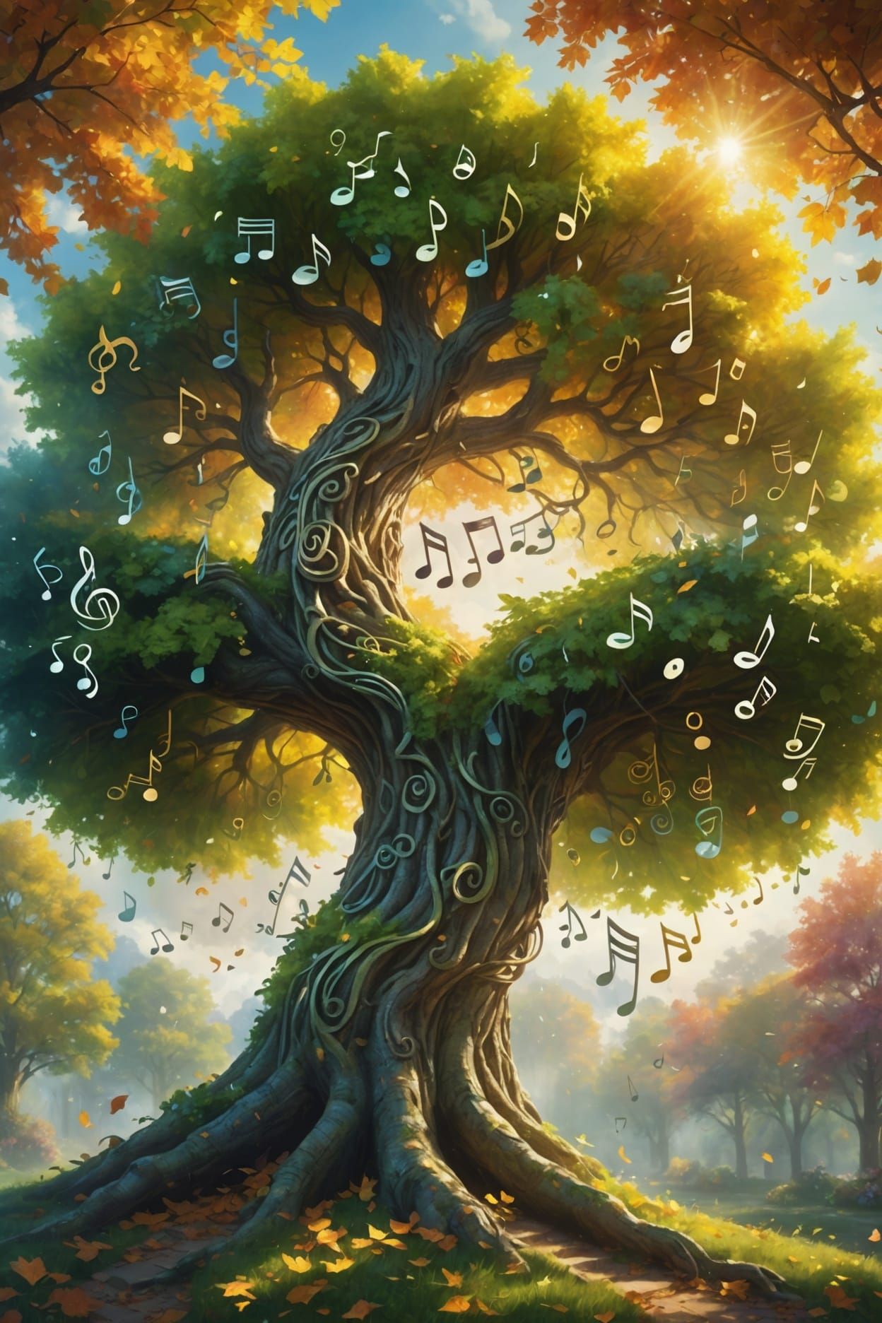 Leaves on a magic tree shaped like musical notes. Hyperreali...