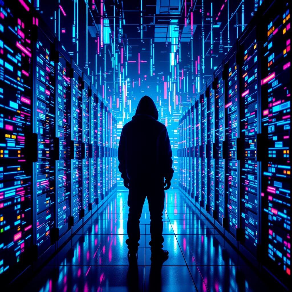 Cyberpunk Hacker Immersed in Digital World with Neon Lights