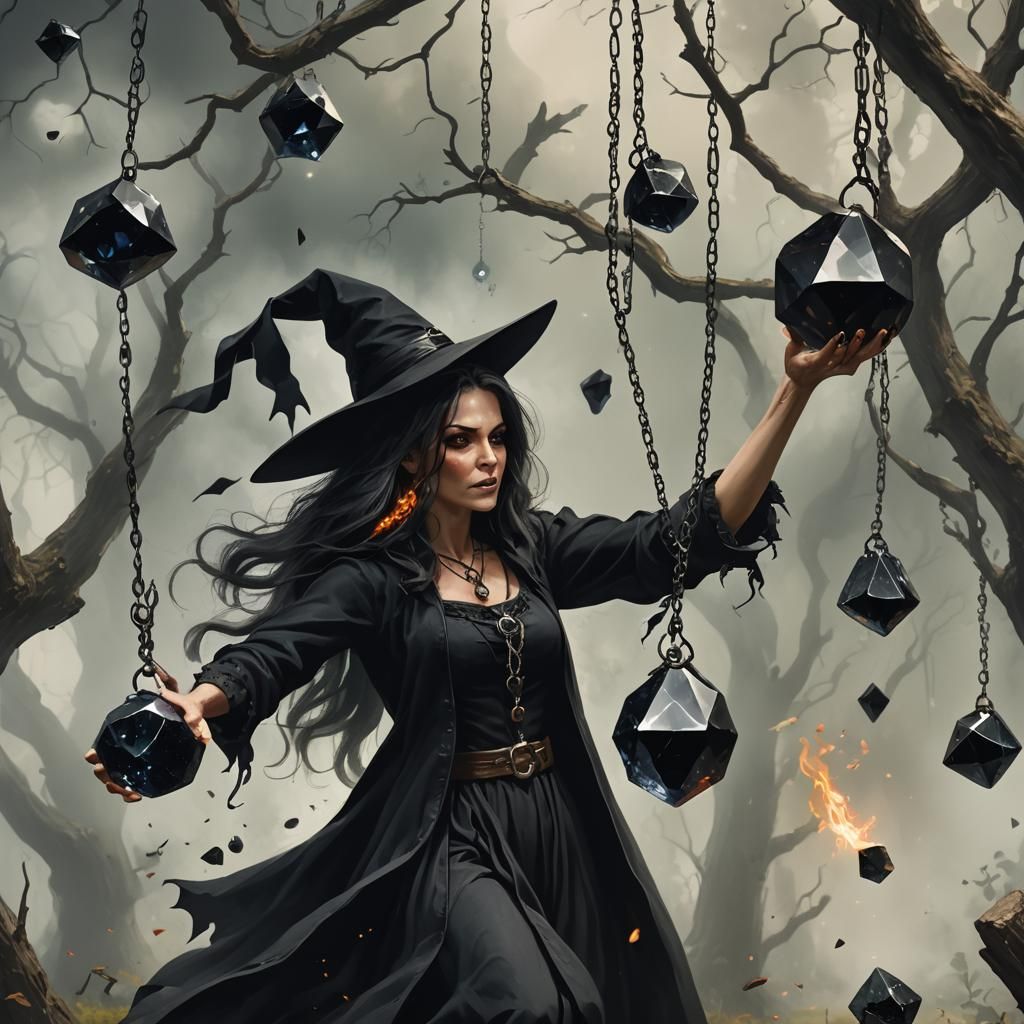 Witch Swinging Black Crystal Casting Spell