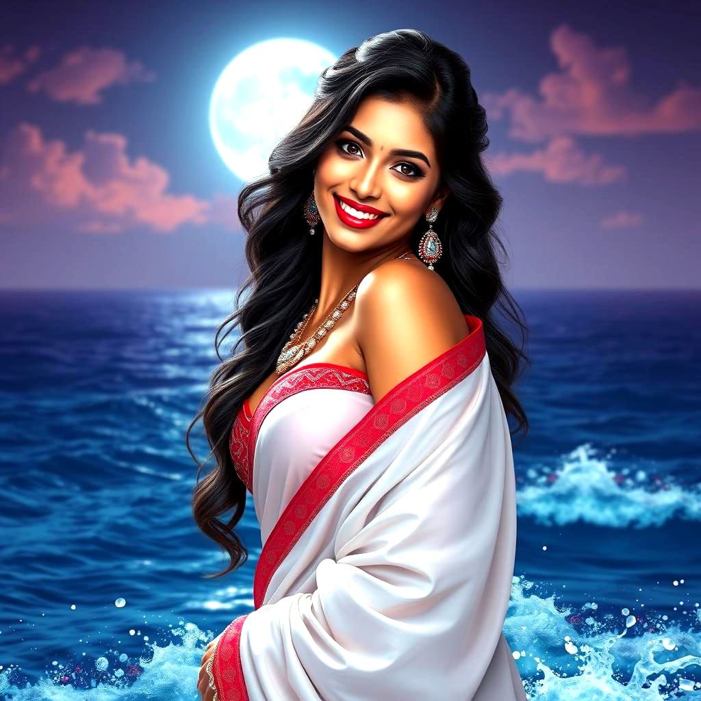Indian Woman in Red Sari on Moonlit Beach