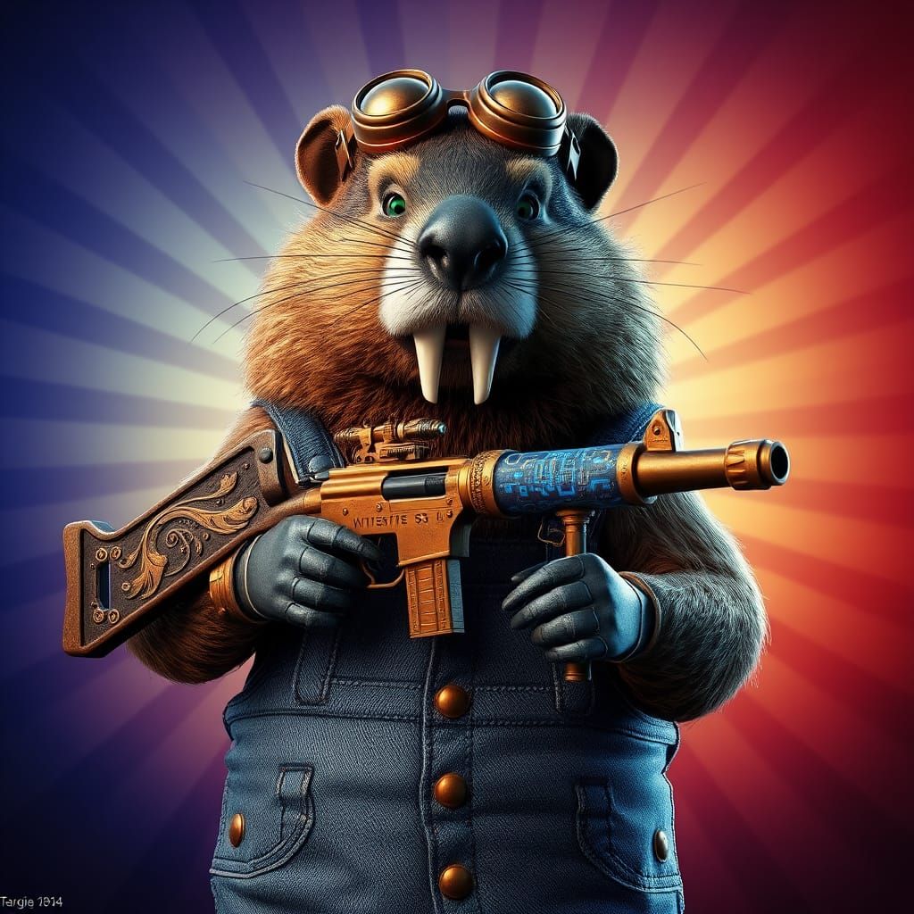Steampunk Beaver with Ray Gun, 3D Digital Art