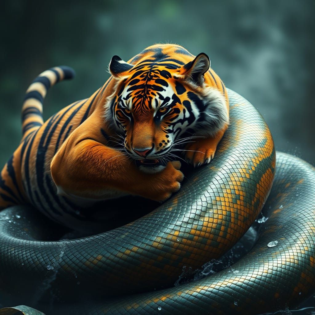 Majestic Bengal Tiger Engages Anaconda in Primal Struggle