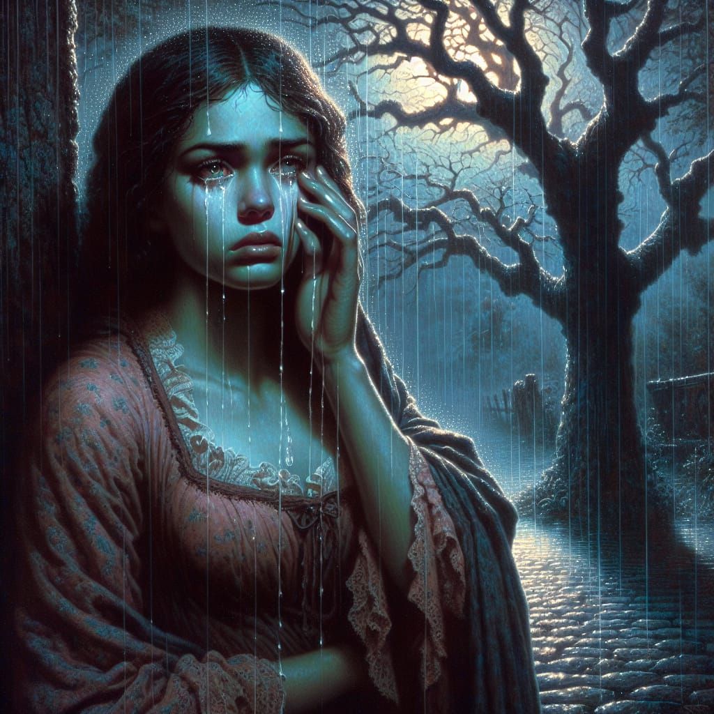 Melancholic Woman Cries Beside Leafless Tree on Rainy Night