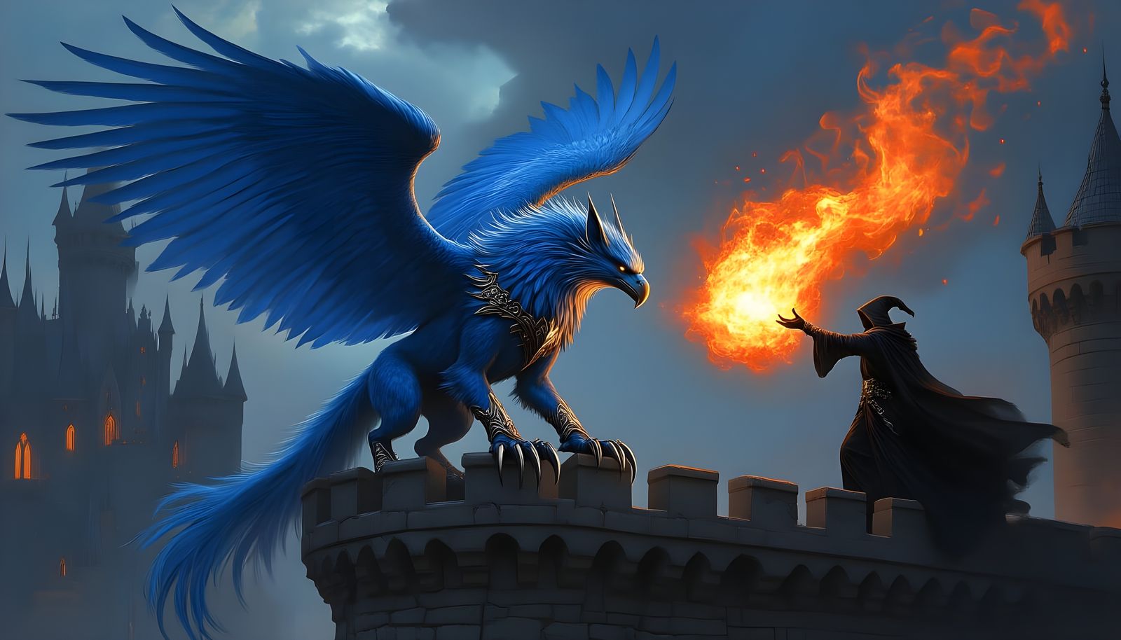 Blue Gryphon Landing on Castle Under Attack