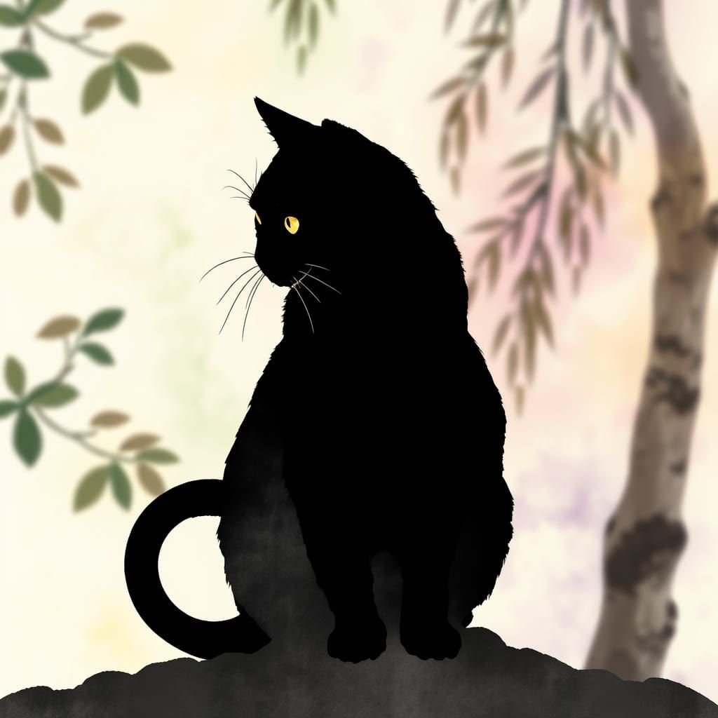 Cat Silhouette in Suminagashi Style Ink Painting