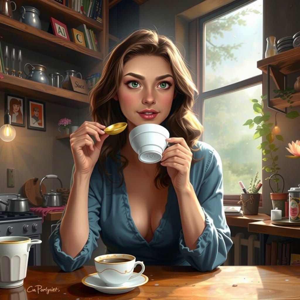 Girl Sips Coffee in a Cozy Kitchen Scene