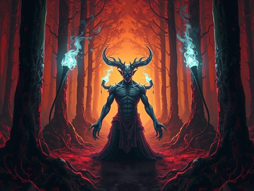 Fallen God-Demon in Hellish Forest: Surreal Digital Art